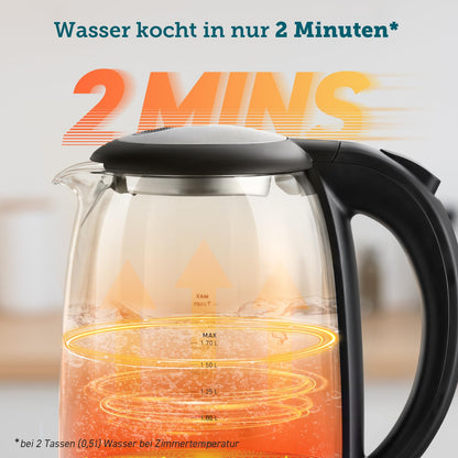 Glas Wasserkocher 1,7 L – Schnellkochend, 2200 W, Schwarz