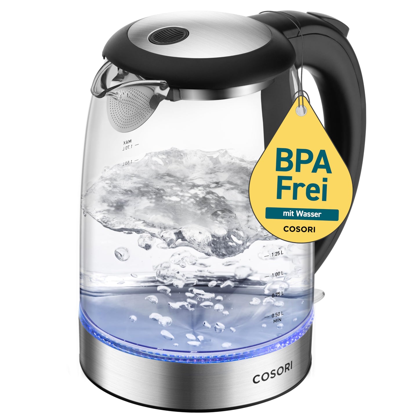 Glas Wasserkocher 1,7 L – Schnellkochend, 2200 W, Schwarz